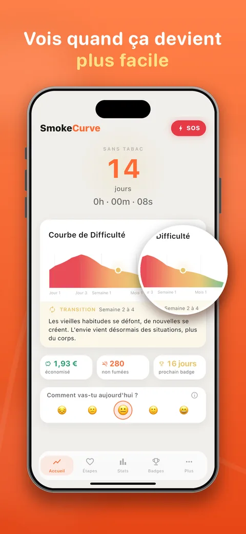 Application SmokeCurve : tableau de bord avec minuteur sans tabac et courbe de difficulté